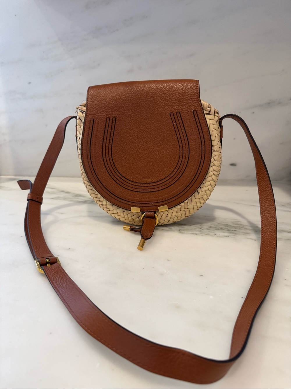 Chloe Brown Leather & Woven Straw Crossbody Bag